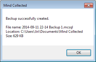 The message of successful backup displays the file name and size